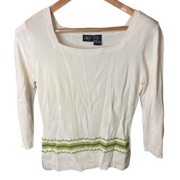 Finity White Green Detail 3/4 Sleeve Pullover Stretch Top Sz S - Picture 1 of 9